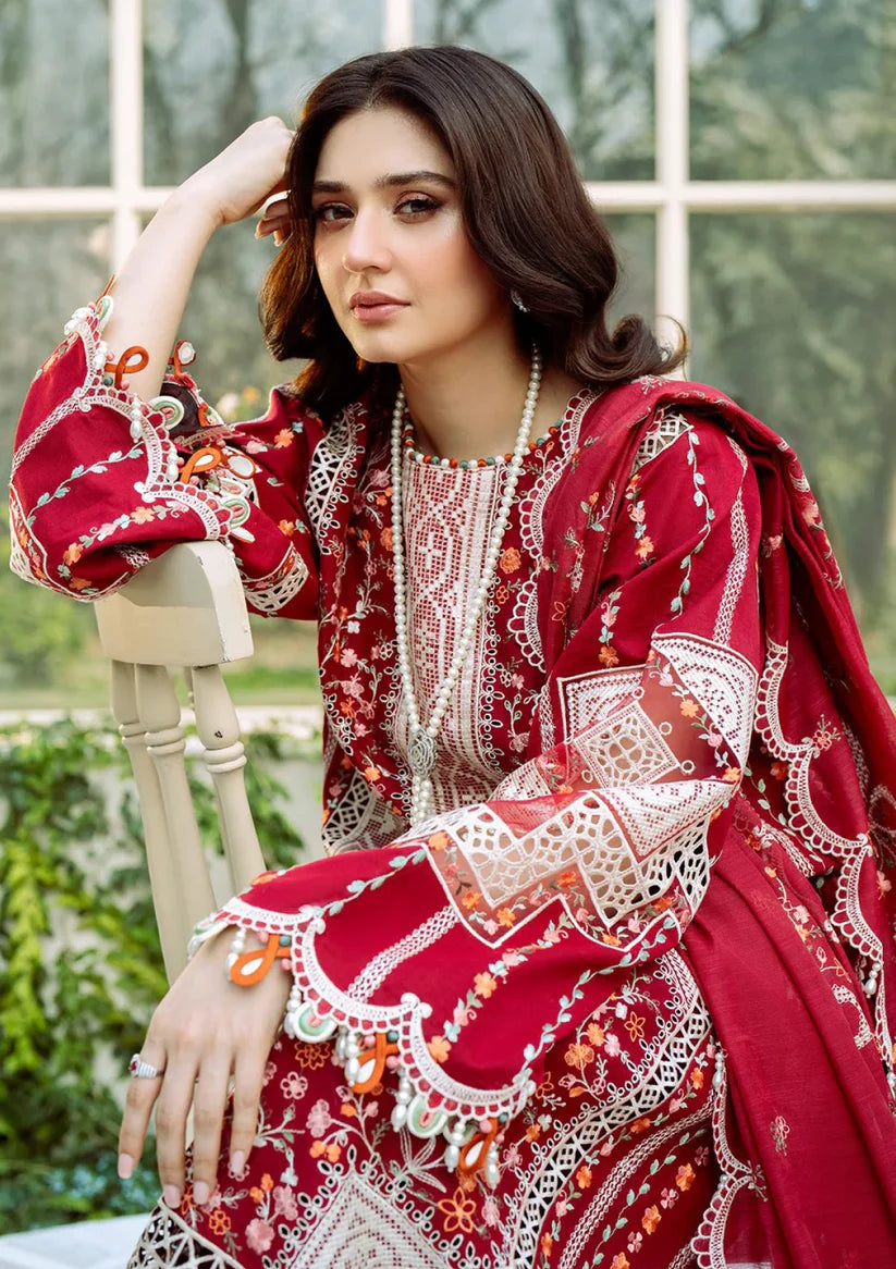 BIN ILYAS Lawn Chikenk-Kari Embroidered Three Piece BIL-002 RED