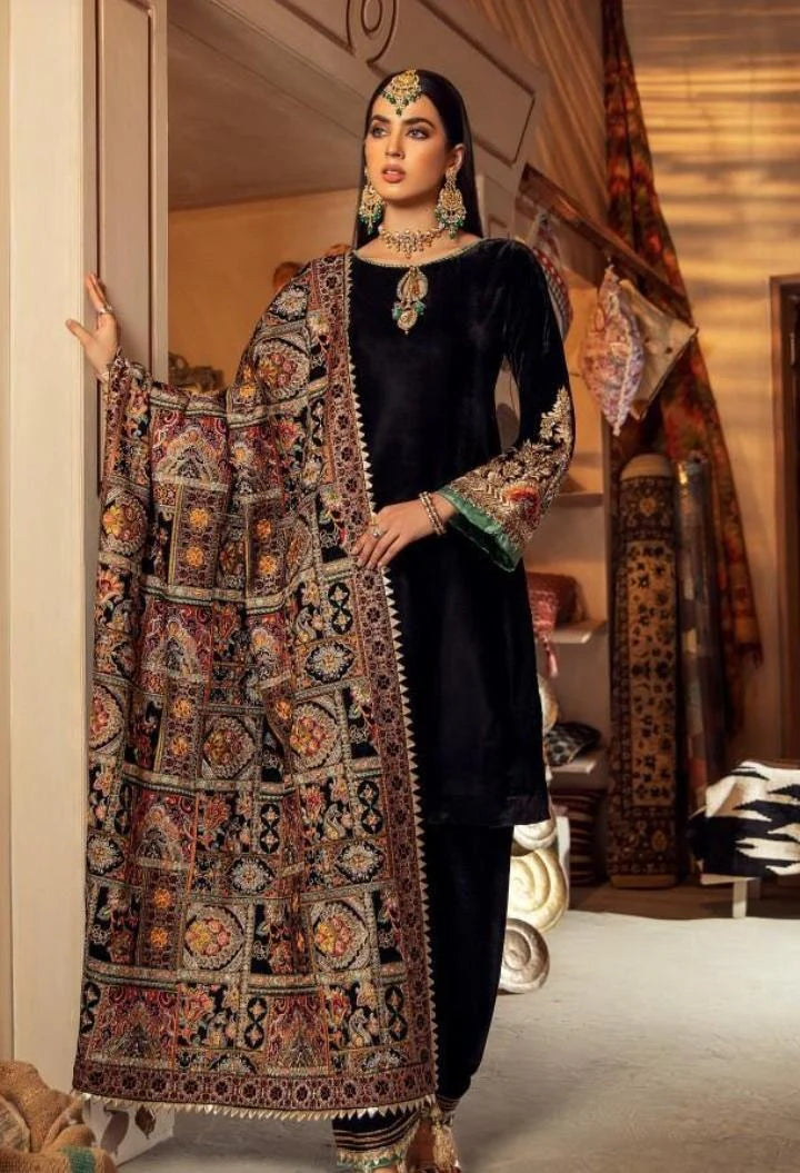 3 Piece - Black Embroidered Velvet With Karandi Shawl | FCC ZC - 115