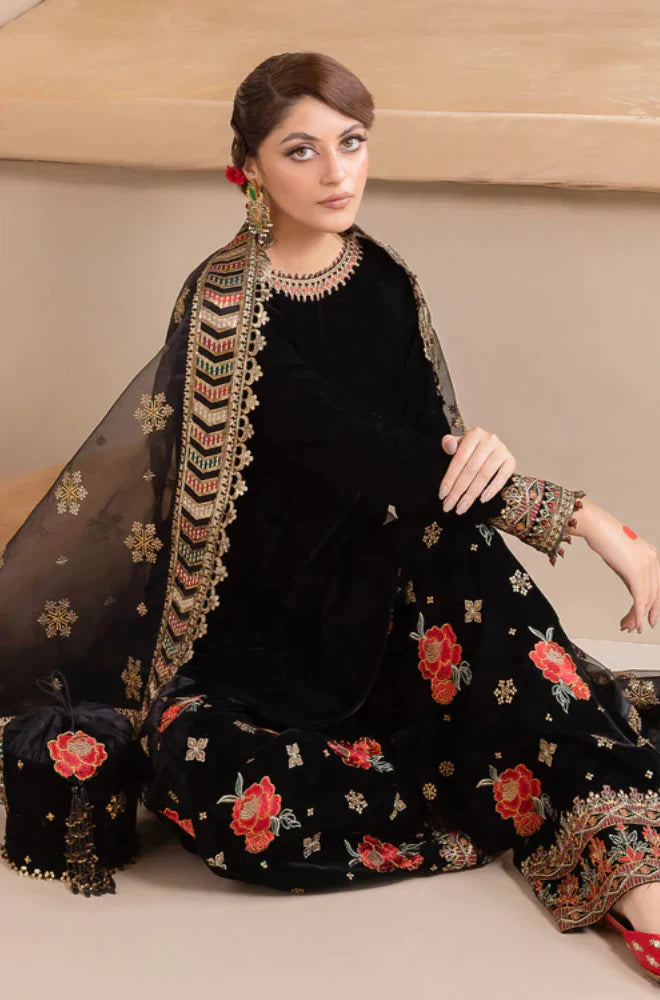 3 Piece - Embroidered Velvet Suit With Velvet Shawl | FCC ZC - 125