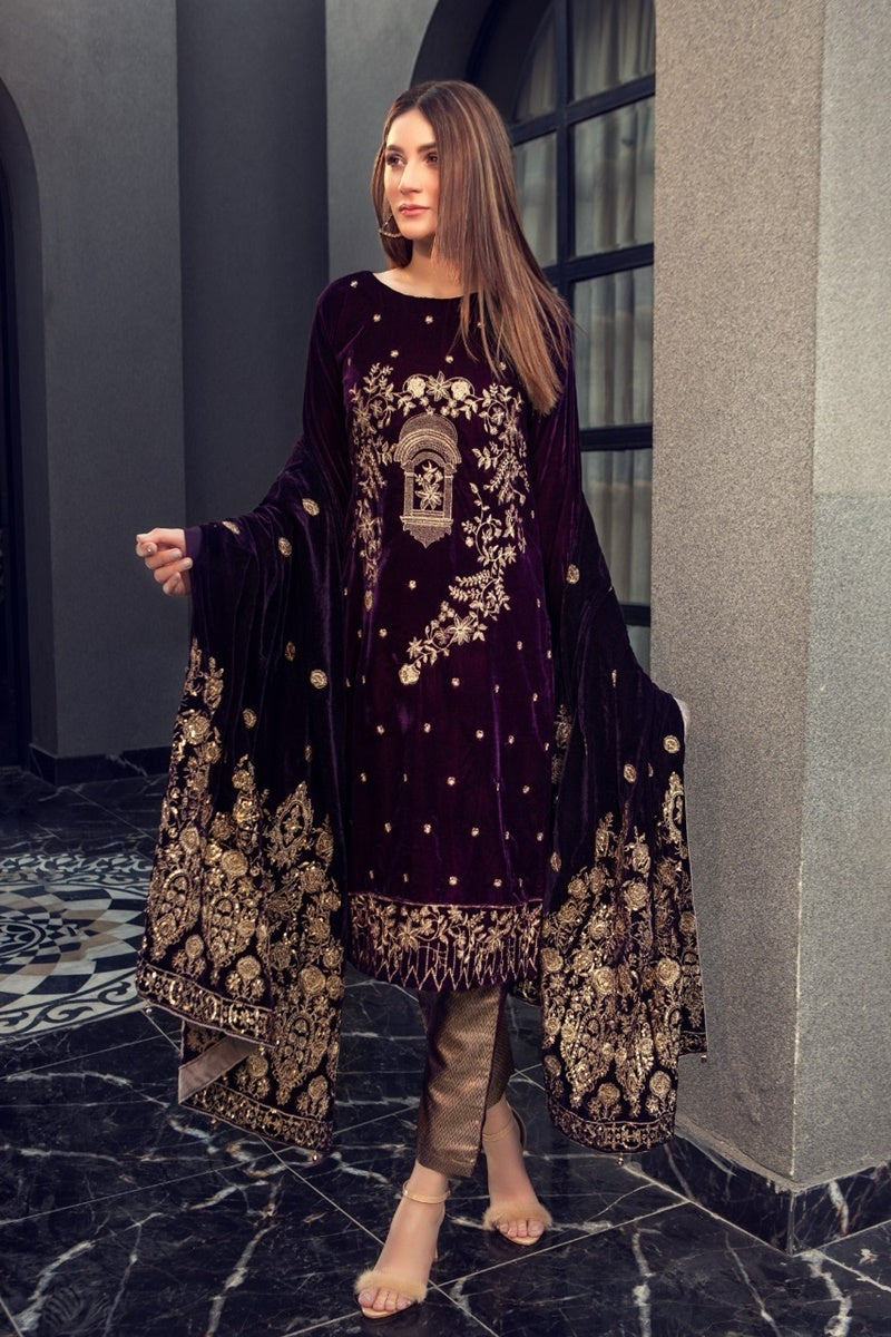 FCC ZC-112 Embroidered Velvet Three piece With Velvet Shawl Winter Collection