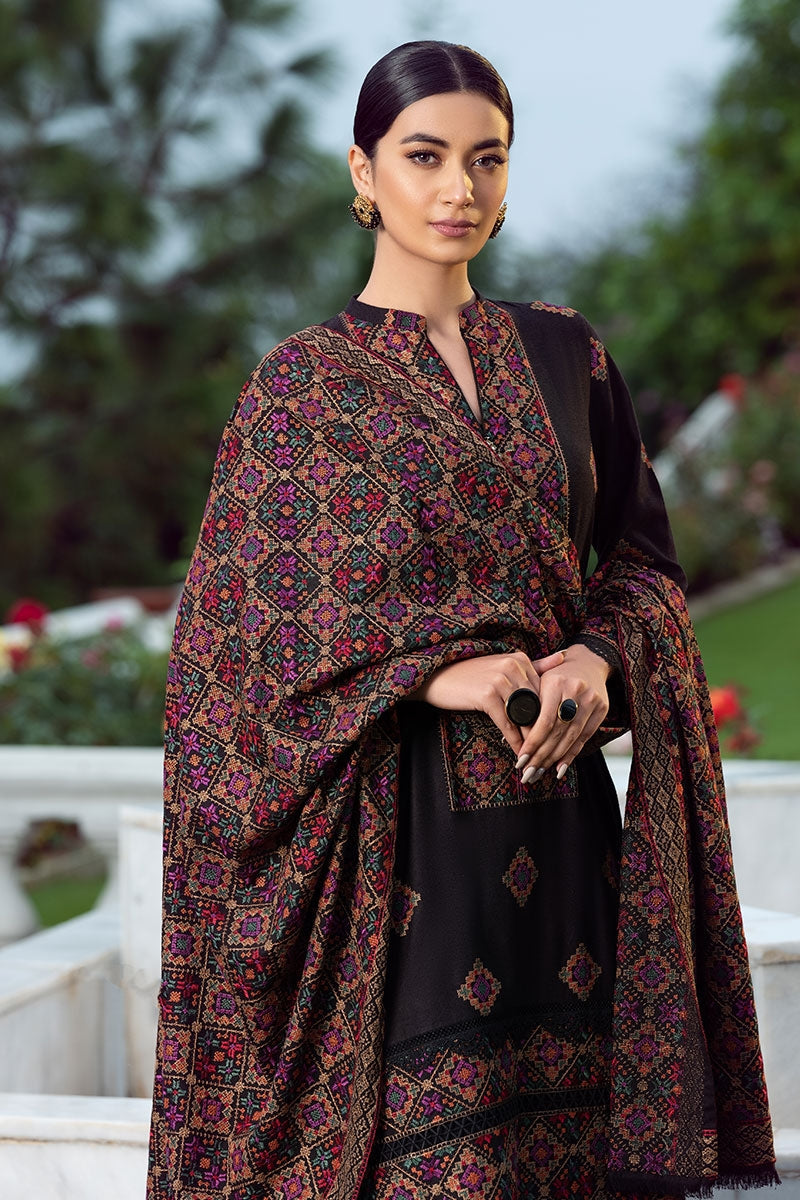 3 Piece - Black Embroidered Dhanak (Bareeze) Suit | FCC - 707