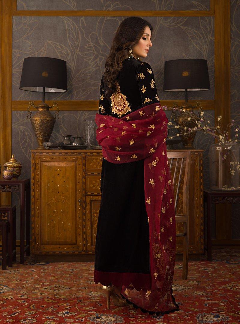 3 Piece - Black Color Embroidered Velvet Suit | D - 107
