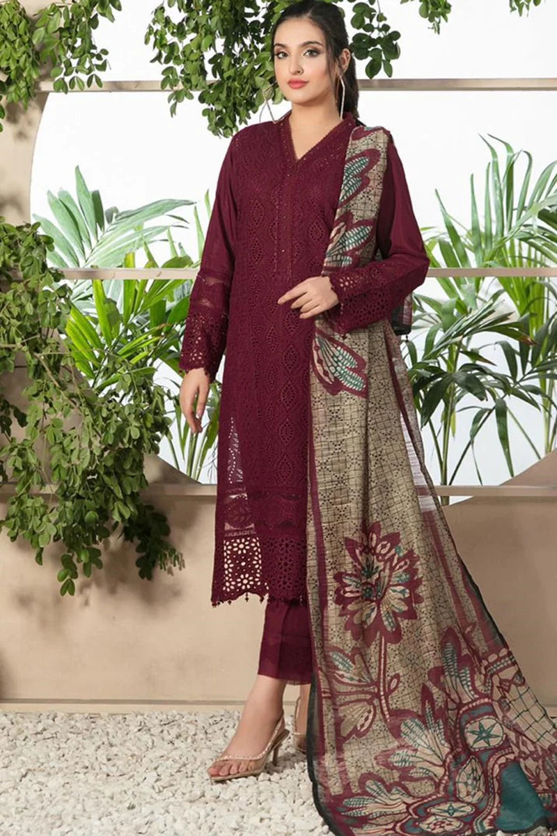 Chikankari Dhanak Mehron Embroidered Suit | D - 762
