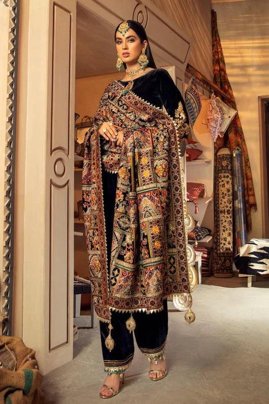 3 Piece - Black Embroidered Velvet With Karandi Shawl | FCC ZC - 115