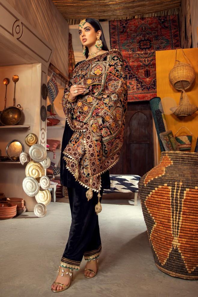 3 Piece - Black Embroidered Velvet With Karandi Shawl | FCC ZC - 115