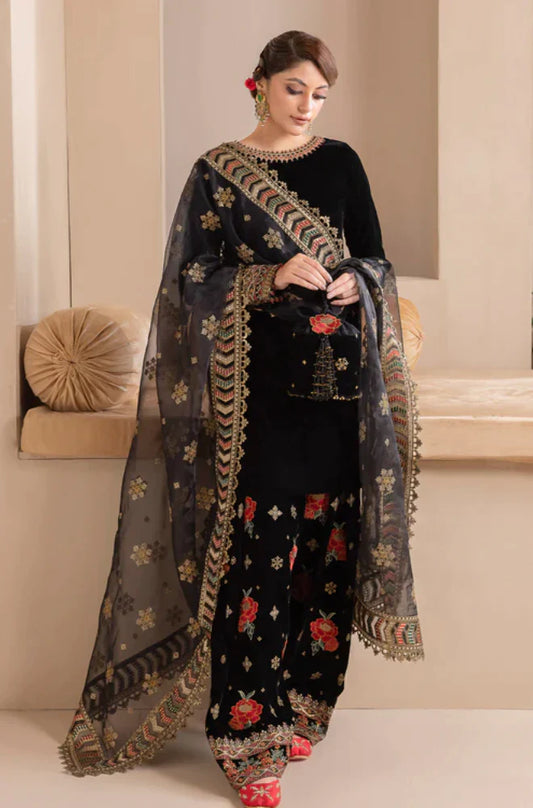 3 Piece - Embroidered Velvet Suit With Velvet Shawl | FCC ZC - 125