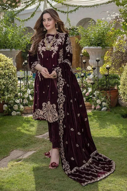3 Piece - Embroidered Velvet Suit With Velvet Shawl | FCC ZC - 111