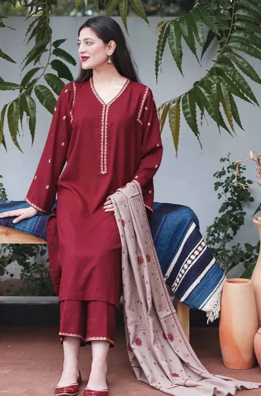 3 Piece - Mehron Dhanak Embroidered Suit | FCC - 449