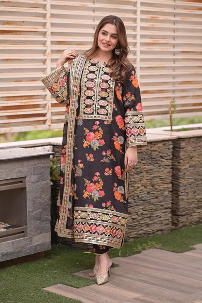 Aiman Closet-1001 (Black) Printed Airjet Shamoz Silk Three Piece