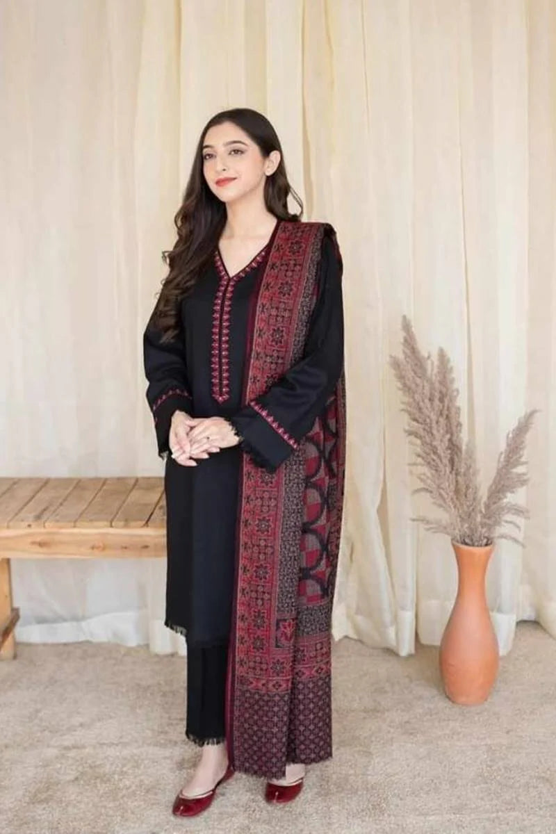 3 Piece - Black Dhanak Embroidered Suit Silko | FCC - 883