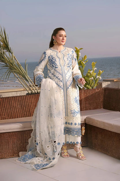 Aneela’s White Luxury Lawn Chikenk-Kari Embroidered Three Piece AN-6165