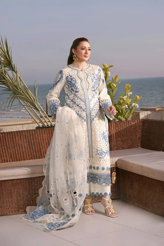 Aneela’s White Luxury Lawn Chikenk-Kari Embroidered Three Piece AN-6165