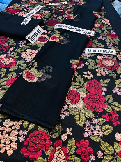 3 Piece - Embroidered Lawn Black (Bareeze Collection) Suit | D - 345