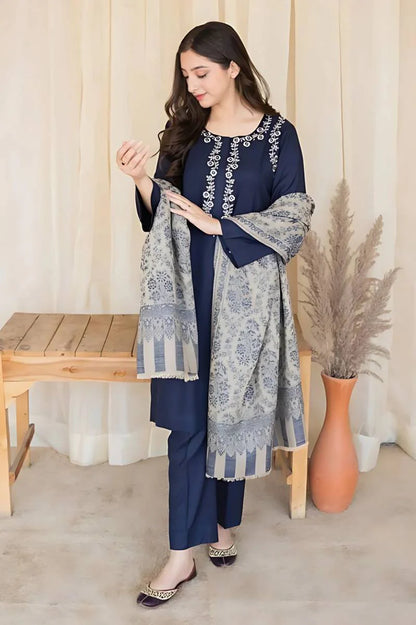 3 Piece - Embroidered Blue Dhanak Suit | FCC - 841