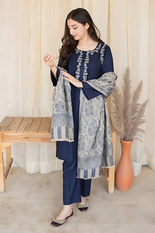 3 Piece - Embroidered Blue Dhanak Suit | FCC - 841
