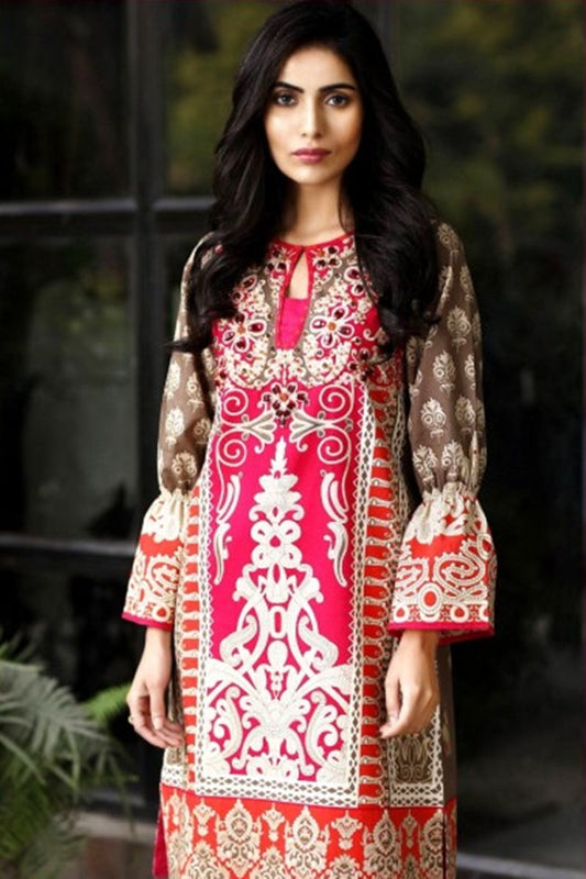 limelight UO-125Pink Embroidered Linen Three Piece With Woolen shawl