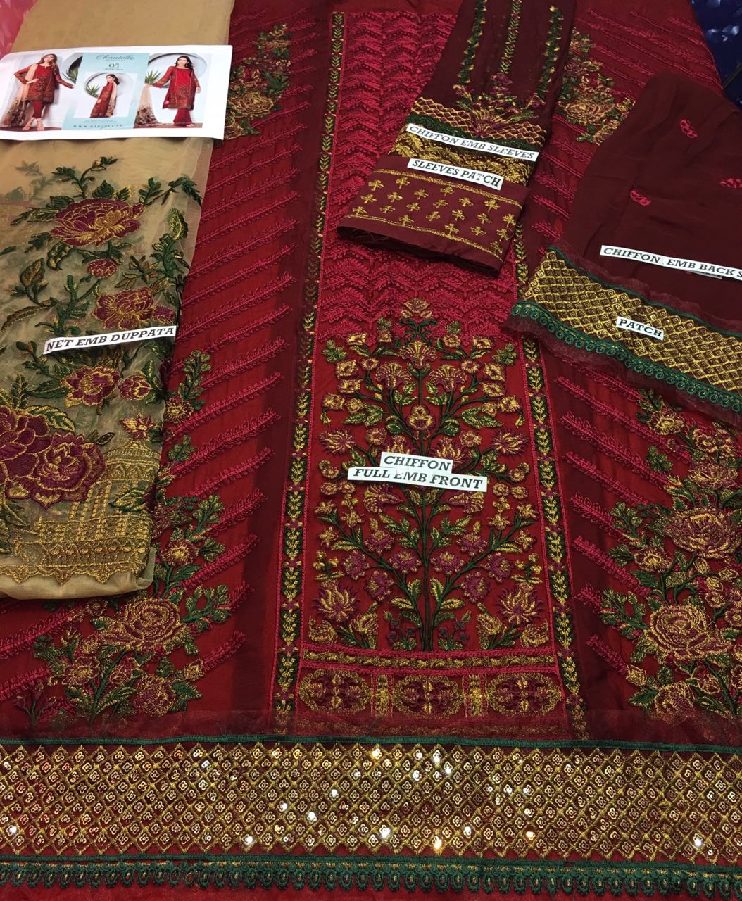 Jazmin Red Beated Unstitched Pure Chiffon Collection Embroidered Two Piece