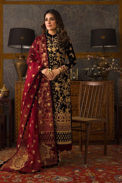 3 Piece - Black Color Embroidered Velvet Suit | D - 107