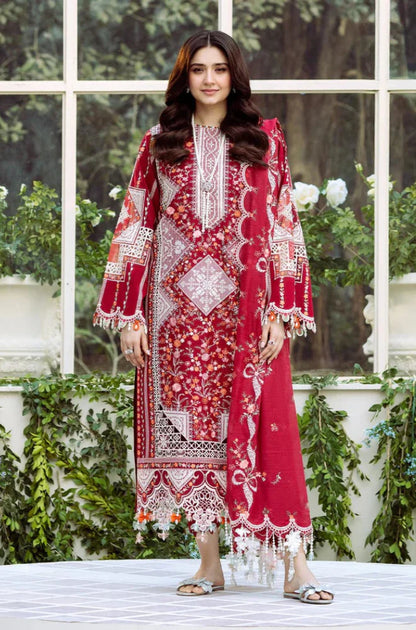 BIN ILYAS Lawn Chikenk-Kari Embroidered Three Piece BIL-002 RED