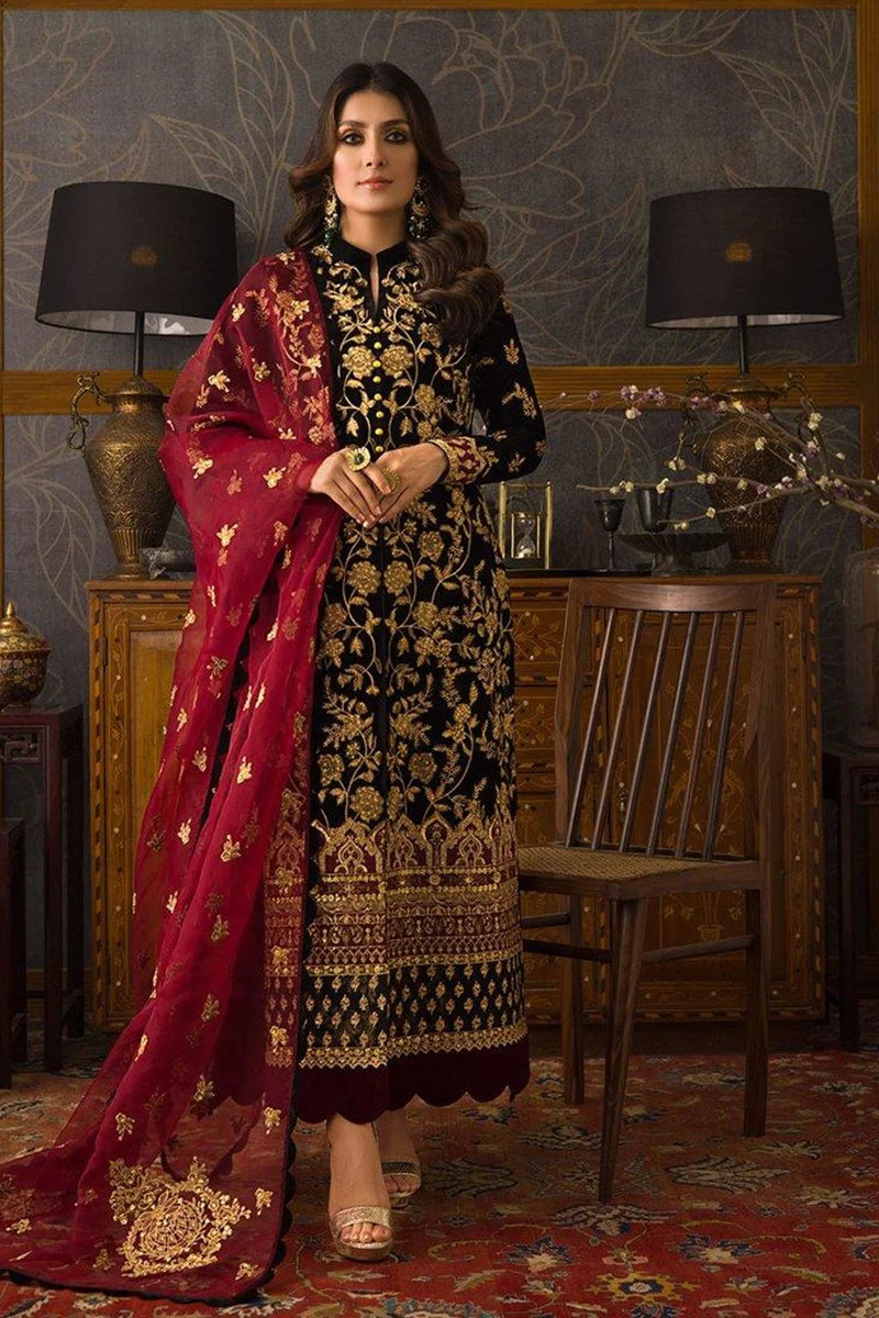3 Piece - Black Color Embroidered Velvet Suit | D - 107