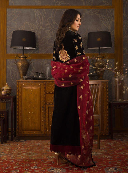 3 Piece - Black Color Embroidered Velvet Suit | D - 107