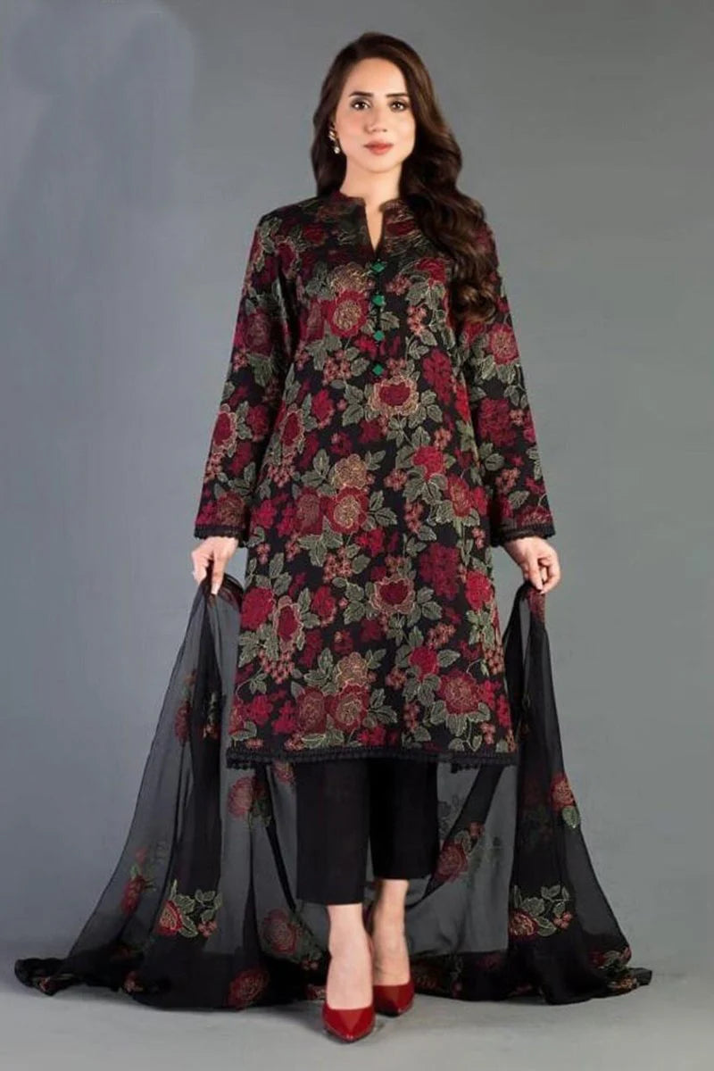 3 Piece - Embroidered Lawn Black (Bareeze Collection) Suit | D - 345
