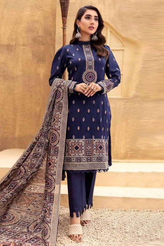 3 Piece - Blue Embroidered Dhanak (Winter Collection) Suit | FCC - 189